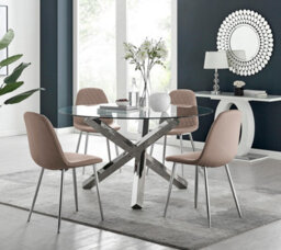 Furniturebox Uk Vogue Large Round Chrome Metal Clear Glass Dining Table And 4 Cappuccino Beige Corona Silver Dining Chairs Set - thumbnail 1