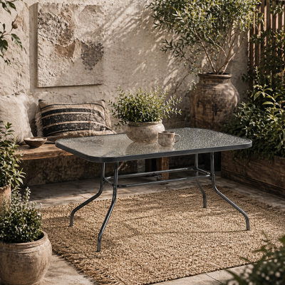 Wyld Haus Lemone 120Cm Charcoal Grey Rectangular Garden Dining Table With Tempered Glass Top And Parasol Hole - image 1