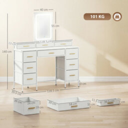 Homcom Dressing Table With Led Lighting Mirror And 10 Drawers, White - thumbnail 3