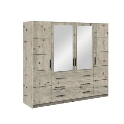 Arte Bali 240Cm Wardrobe - Oak Wellington With Decorative Mirrors And Organised Layout - image 1