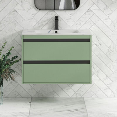 Royal Bathrooms Orion 800mm Mint Sage 2 Drawer Wall Hung Bathroom Vanity Unit With Carrara White Basin & Black Accent Trim - image 1