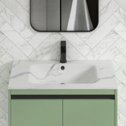 Royal Bathrooms Orion 800mm Mint Sage 2 Drawer Wall Hung Bathroom Vanity Unit With Carrara White Basin & Black Accent Trim - thumbnail 5