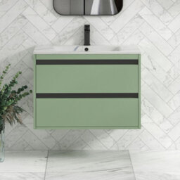 Royal Bathrooms Orion 800mm Mint Sage 2 Drawer Wall Hung Bathroom Vanity Unit With Carrara White Basin & Black Accent Trim - thumbnail 1