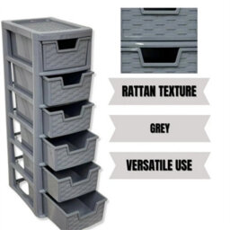 6 Tier Mini Plastic Grey Rattan Drawer Desktop Storage Stationery Drawers Unit - thumbnail 3