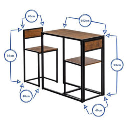 Harbour Housewares 2 Seater Breakfast Bar Set - Brown - Industrial Metal Frame Mdf Space Saving Compact Dinner Set With Chairs - thumbnail 3