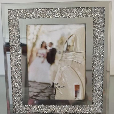 Deenz Set Of 4 Glass Photo Frame Jewel Mirror Silver Loose Diamante Crushed Crystal Decor Picture Wall Mount Table Top (6X4In)