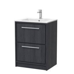 Hudson Reed Lille Floor Standing 2 Drawer Vanity Unit With 1 Tap Hole Basin, Graphite Woodgrain, 818 X 605 mm - thumbnail 1