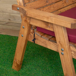 Samuel Alexander Hand Made Traditional 2 Seater Chunky Rustic Wooden Garden Bench With Burgundy Cushions. - thumbnail 4