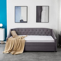 Kosy Koala Daybed With Trundle Grey 3Ft With 2 Mattresses Twin Velvet Tufted Wooden With 2 Mattresses Bedroom Living Room