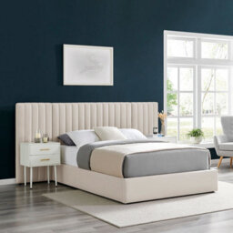 Cream Velvet Wide Panel Headboard Fabric Ottoman Storage Bed King Size 5 Ft - thumbnail 1