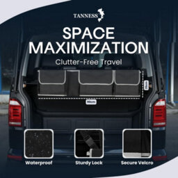 Tanness Car Boot And Seat Back Organiser Heavy Duty - Waterproof 600D Fabric Storage - 4 Compartments With Adjustable Straps - thumbnail 5