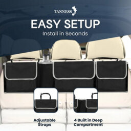Tanness Car Boot And Seat Back Organiser Heavy Duty - Waterproof 600D Fabric Storage - 4 Compartments With Adjustable Straps - thumbnail 4