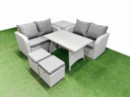 Fimous 6 Seater Outdoor Love Sofa Set Rattan Garden Furniture Set With Dining Table Side Table 2 Small Footstool Light Grey - thumbnail 2