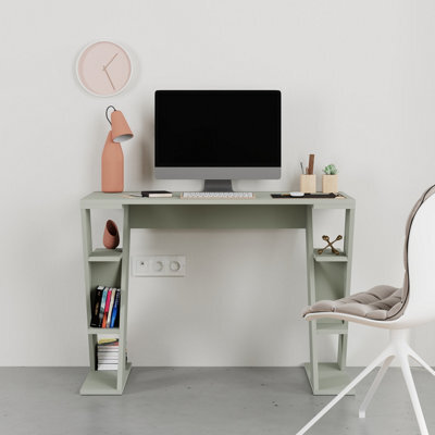 Decortie Modern Papillon 106Cm Working Desk Particleboard 3 Mini Shelves, Cross Design Legs H75Xw106Cm, Ash Green - image 1