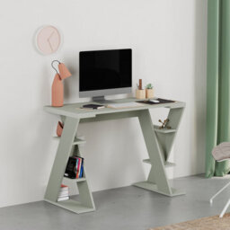 Decortie Modern Papillon 106Cm Working Desk Particleboard 3 Mini Shelves, Cross Design Legs H75Xw106Cm, Ash Green - thumbnail 4