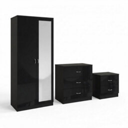 Fwstyle Chilton 3 Piece Black Gloss Bedroom Furniture Set - 2 Door Mirrored Wardrobe, 3 Drawer Chest, 2 Drawer Bedside - thumbnail 2