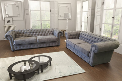 Chesterfield Style Venus Grey Fabric 3+2 Seater Sofa Set - image 1