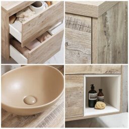 Homestylestore Light Oak 594mm Wall Hung Bathroom Vanity Unit Oval Sand Countertop Basin Open Shelf - thumbnail 2