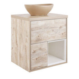 Homestylestore Light Oak 594mm Wall Hung Bathroom Vanity Unit Oval Sand Countertop Basin Open Shelf