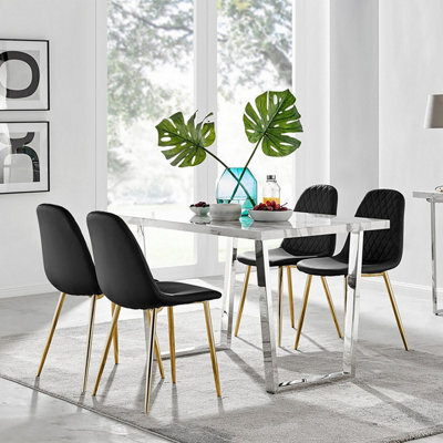 Furniturebox Uk Kylo White Marble Effect Dining Table & 4 Black Corona Gold Leg Chairs - image 1