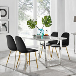Furniturebox Uk Kylo White Marble Effect Dining Table & 4 Black Corona Gold Leg Chairs