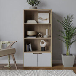 Urbn-Living Urbnliving Height 118Cm 4 Tier Wooden Bookcase Cupboard With Doors Storage Shelving Display Colour Oak Door Grey Cabinet Unit - thumbnail 2