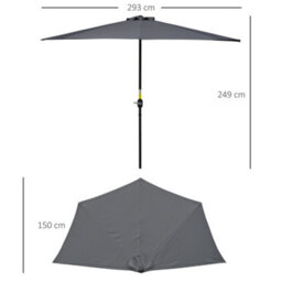 Outsunny 3(M) Half Round Parasol Garden Sun Umbrella Metal W/ Crank Grey - thumbnail 3