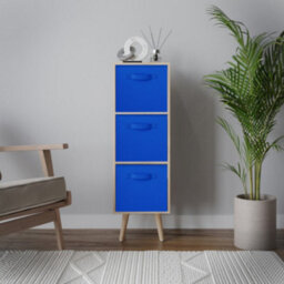Urbn-Living Urbnliving 80Cm Height 3 Tier Oak Wooden Storage Bookcase Scandinavian Style Beech Legs With Dark Blue Inserts - thumbnail 3
