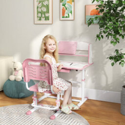 Zonekiz Height Adjustable Kids Desk And Chair Set, With Drawer, Bookshelf, Pink - thumbnail 1
