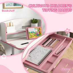 Zonekiz Height Adjustable Kids Desk And Chair Set, With Drawer, Bookshelf, Pink - thumbnail 5