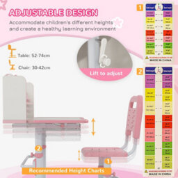 Zonekiz Height Adjustable Kids Desk And Chair Set, With Drawer, Bookshelf, Pink - thumbnail 6