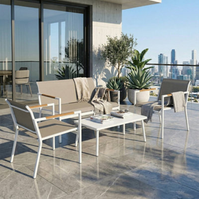 Outsunny 4 Seater Garden Furniture Set, Metal Garden Sofa Set, Khaki - image 1