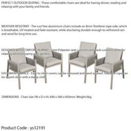 Loops 4 Pack Garden Dining Chairs & Armrests - Light Grey Aluminium & Rope - Outdoor - thumbnail 2