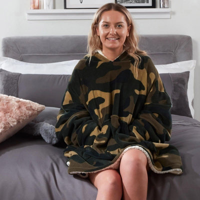 Ohs Camo Oversized Hoodie Blanket Giant Wearable Sherpa Sweatshirt, Khaki - image 1