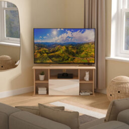 Messina Gloss Bardolino Oak Effect Corner Tv Unit With 2 Shelves & 1 Drawers, (H)51Cm X (W)112Cm X (D)51.5Cm
