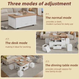 Lift Top Coffee Table With Wheels, 4 Stools, Hidden Storage & Extendable Design, White & Natural Wood - thumbnail 8