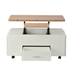 Lift Top Coffee Table With Wheels, 4 Stools, Hidden Storage & Extendable Design, White & Natural Wood - thumbnail 4