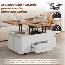 Lift Top Coffee Table With Wheels, 4 Stools, Hidden Storage & Extendable Design, White & Natural Wood - thumbnail 3