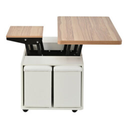 Lift Top Coffee Table With Wheels, 4 Stools, Hidden Storage & Extendable Design, White & Natural Wood - thumbnail 5