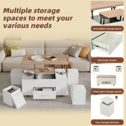 Lift Top Coffee Table With Wheels, 4 Stools, Hidden Storage & Extendable Design, White & Natural Wood - thumbnail 2