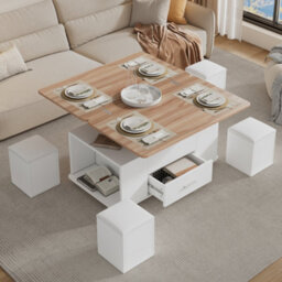 Lift Top Coffee Table With Wheels, 4 Stools, Hidden Storage & Extendable Design, White & Natural Wood - thumbnail 1
