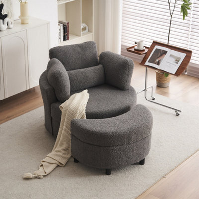 Abrihome Teddy Swivel Armchair With 3 Back Cushion Pillow Ottoman Crescent Stool, Medium Grey  - image 1