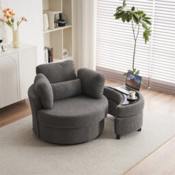 Abrihome Teddy Swivel Armchair With 3 Back Cushion Pillow Ottoman Crescent Stool, Medium Grey  - thumbnail 9