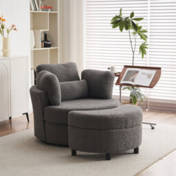 Abrihome Teddy Swivel Armchair With 3 Back Cushion Pillow Ottoman Crescent Stool, Medium Grey  - thumbnail 8