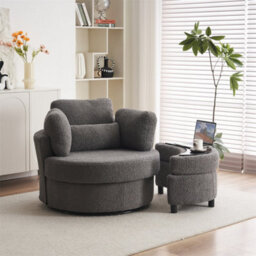 Abrihome Teddy Swivel Armchair With 3 Back Cushion Pillow Ottoman Crescent Stool, Medium Grey  - thumbnail 7