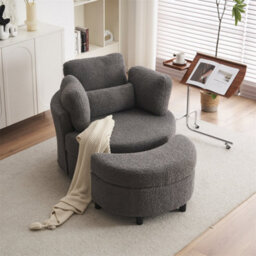 Abrihome Teddy Swivel Armchair With 3 Back Cushion Pillow Ottoman Crescent Stool, Medium Grey 