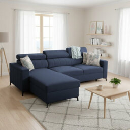 Baltico I Mini Modern Corner Sofa Bed Has Adjustable Profiled Headrests Storage Compact Fabric Lshape Settee Blue Left