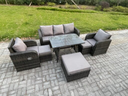 Fimous 8 Seater Rattan Wicker Garden Furniture Patio Conservatory Sofa Set With Rectangular Dining Table Reclining Chair - thumbnail 2