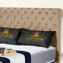 UKBEDFURNITURE Chesterfield Sleigh Beige Plush Velvet Upholstered Bed Frame Only - Slatted Base - 48 Inch Headboard - thumbnail 2