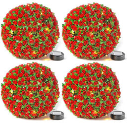 Taylor & Brown 4 Pack 28Cm Solar Powered Led Rose Topiary Ball, Artificial Hanging Ornament With 20 Lights, Garden Decor (Red) - thumbnail 1